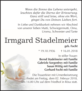Traueranzeige von Irmgard Stadelmeier von WVG - Wochenspiegel Bitterfeld