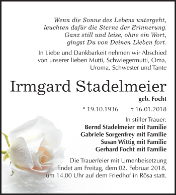 Traueranzeige von Irmgard Stadelmeier von Mitteldeutsche Zeitung Bitterfeld