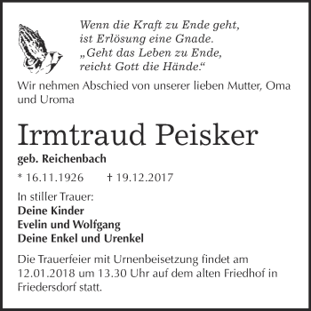 Traueranzeige von Irmtraud Peisker von WVG - Wochenspiegel Bitterfeld