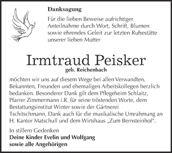 Traueranzeige von Irmtraud Peisker von WVG - Wochenspiegel Bitterfeld