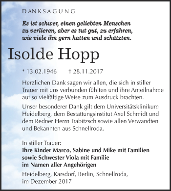 Traueranzeige von Isolde Hopp von WVG - Wochenspiegel NMB / WSF / ZTZ