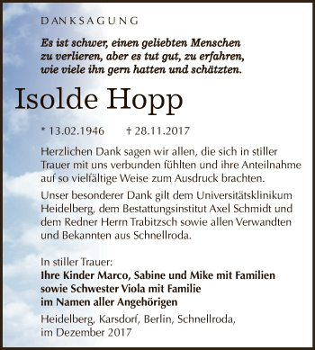 Traueranzeige von Isolde Hopp von WVG - Wochenspiegel NMB / WSF / ZTZ