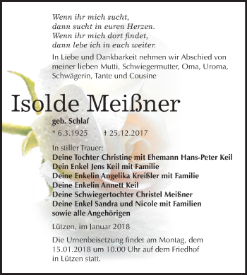 Traueranzeige von Isolde Meißner von Mitteldeutsche Zeitung Weißenfels