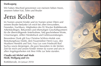 Traueranzeige von Jens Kolbe von Super Sonntag SGH Mansf. Land