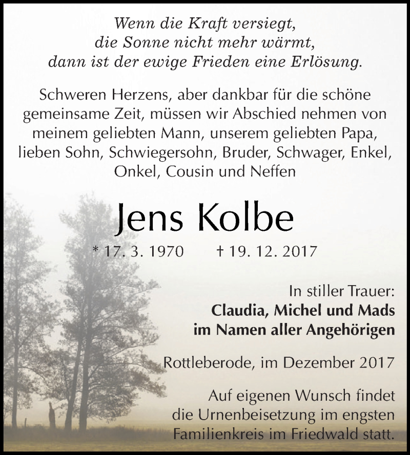  Traueranzeige für Jens Kolbe vom 27.12.2017 aus WVG - Wochenspiegel SGH