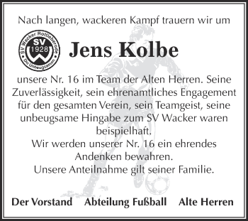 Traueranzeige von Jens Kolbe von Super Sonntag SGH Mansf. Land