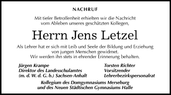 Traueranzeige von Jens Letzel von Mitteldeutsche Zeitung Merseburg/Querfurt