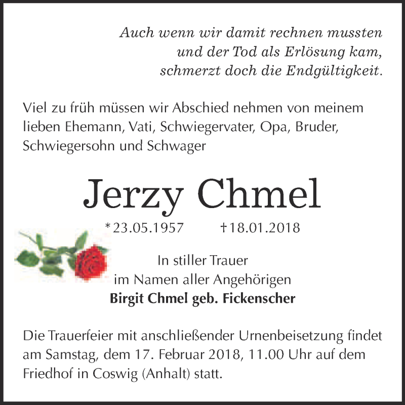  Traueranzeige für Jerzy Chmel vom 27.01.2018 aus Super Sonntag Wittenberg