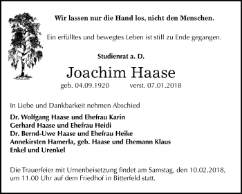 Traueranzeige von Joachim Haase von Mitteldeutsche Zeitung Bitterfeld