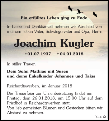 Traueranzeige von Joachim Kugler von Mitteldeutsche Zeitung Weißenfels