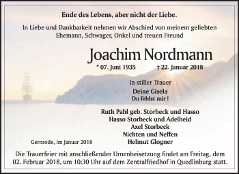 Traueranzeige von Joachim Nordmann von WVG - Wochenspiegel Quedlinburg