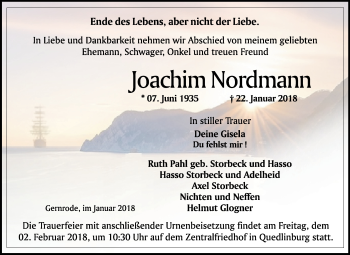 Traueranzeige von Joachim Nordmann von Mitteldeutsche Zeitung Quedlinburg