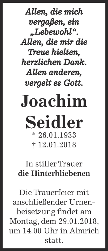 Traueranzeige von Joachim Seidler von WVG - Wochenspiegel NMB / WSF / ZTZ