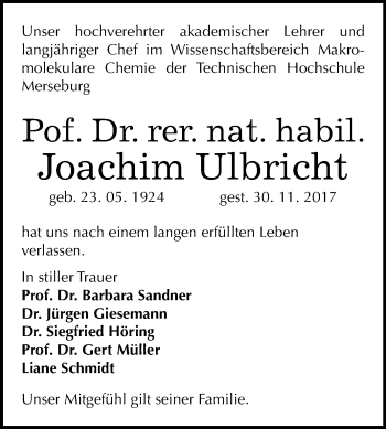 Traueranzeige von Joachim Ulbricht von Mitteldeutsche Zeitung Merseburg/Querfurt