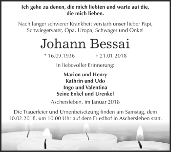 Traueranzeige von Johann Bessai von Super Sonntag Aschersleben