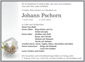 Traueranzeige von Johann Pschorn von Super Sonntag Aschersleben