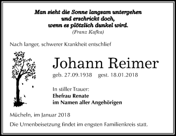 Traueranzeige von Johann Reimer von Mitteldeutsche Zeitung Merseburg/Querfurt