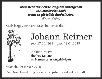 Traueranzeige von Johann Reimer von WVG - Wochenspiegel Merseburg