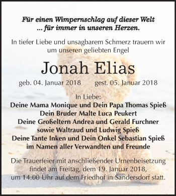 Traueranzeige von Jonah Elias  von Mitteldeutsche Zeitung Bitterfeld