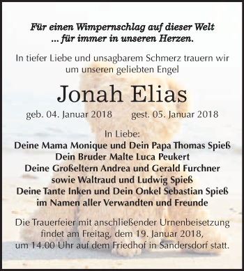 Traueranzeige von Jonah Elias Spieß von WVG - Wochenspiegel Bitterfeld