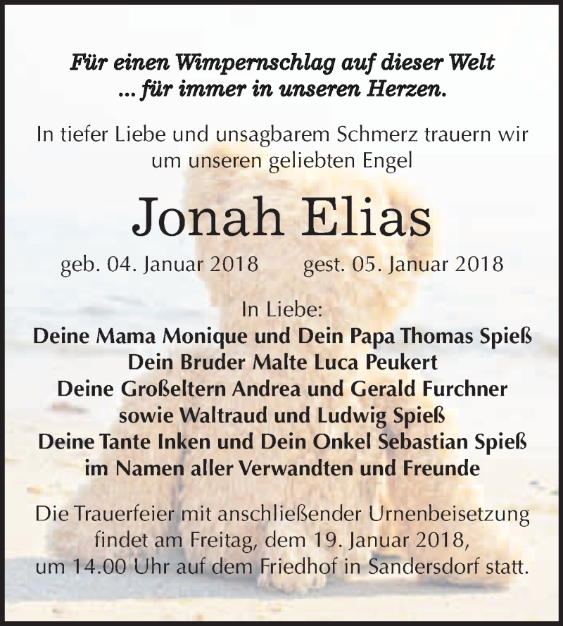  Traueranzeige für Jonah Elias Spieß vom 17.01.2018 aus WVG - Wochenspiegel Bitterfeld