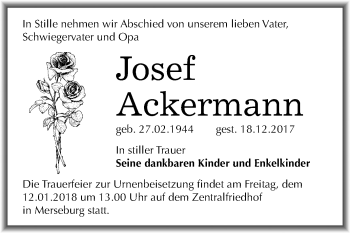 Traueranzeige von Josef Ackermann von Mitteldeutsche Zeitung Merseburg/Querfurt