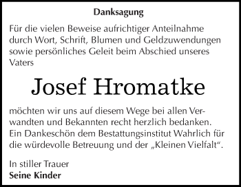 Traueranzeige von Josef Hromatke von Wochenspiegel Mansfelder Land