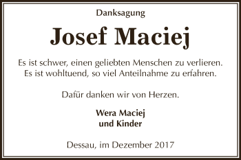 Traueranzeige von Josef Maciej von WVG - Wochenspiegel Dessau / Köthen