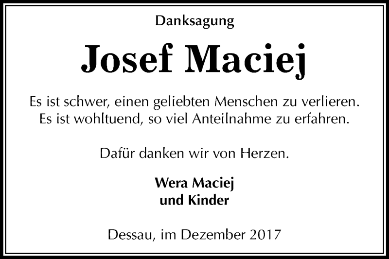  Traueranzeige für Josef Maciej vom 10.01.2018 aus Mitteldeutsche Zeitung Merseburg/Querfurt