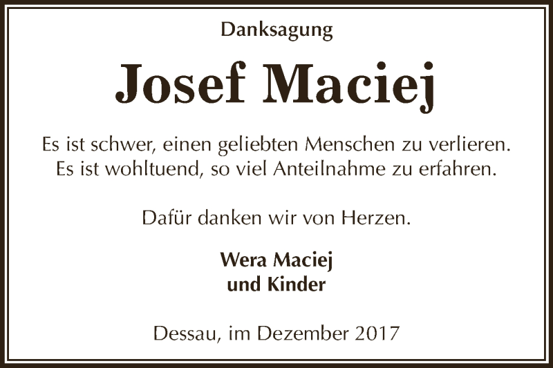  Traueranzeige für Josef Maciej vom 13.01.2018 aus WVG - Wochenspiegel Dessau / Köthen