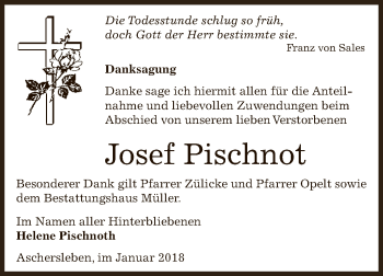 Traueranzeige von Josef Pischnot von Super Sonntag Aschersleben