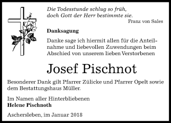 Traueranzeige von Josef Pischnot von Mitteldeutsche Zeitung Aschersleben