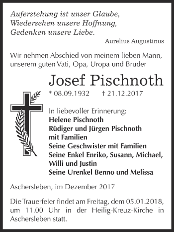 Traueranzeige von Josef Pischnoth von Super Sonntag Aschersleben