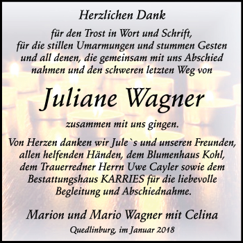 Traueranzeige von Juliane Wagner von Mitteldeutsche Zeitung Quedlinburg