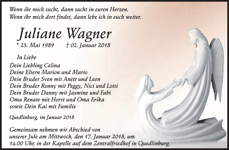  Traueranzeige für Juliane Wagner vom 13.01.2018 aus WVG - Wochenspiegel Quedlinburg