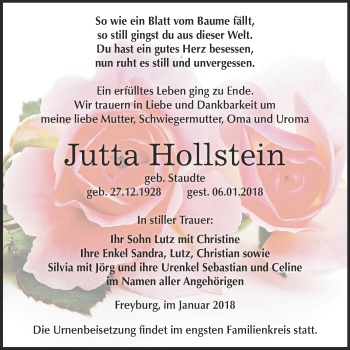 Traueranzeige von Jutta Hollstein von WVG - Wochenspiegel NMB / WSF / ZTZ