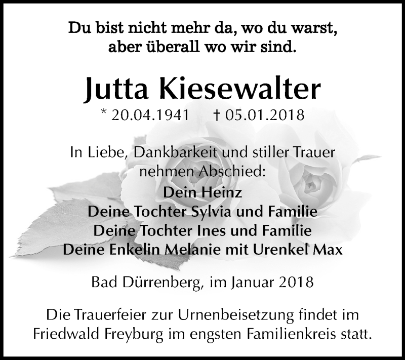  Traueranzeige für Jutta Kiesewalter vom 13.01.2018 aus Mitteldeutsche Zeitung Merseburg/Querfurt