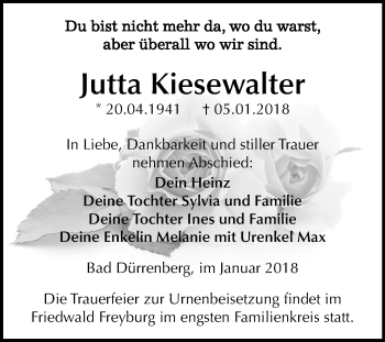 Traueranzeige von Jutta Kiesewalter von Mitteldeutsche Zeitung Merseburg/Querfurt