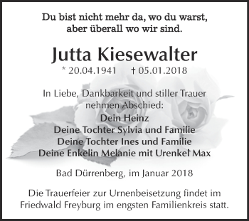 Traueranzeige von Jutta Kiesewalter von Super Sonntag Merseburg