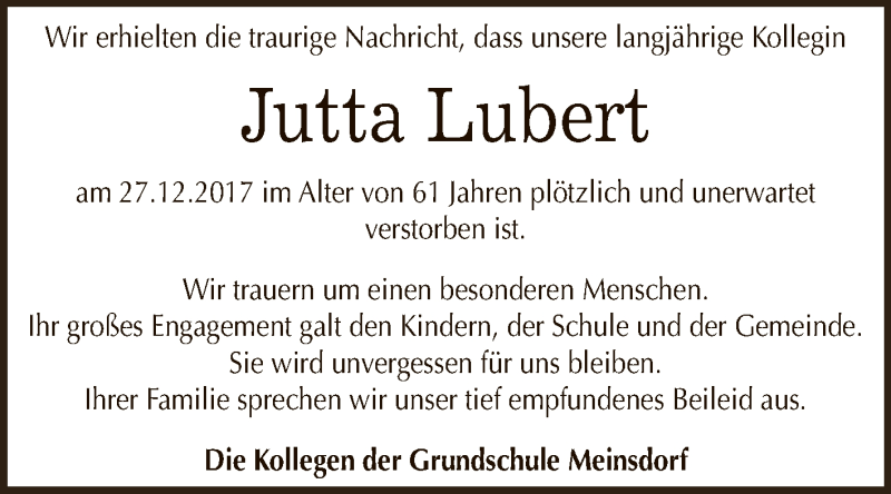  Traueranzeige für Jutta Lubert vom 03.01.2018 aus WVG - Wochenspiegel Dessau / Köthen