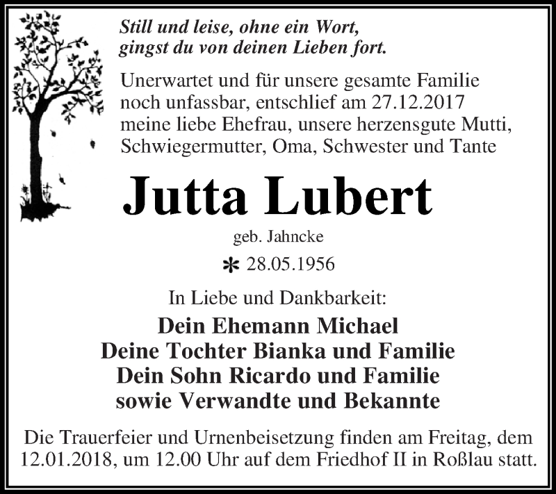  Traueranzeige für Jutta Lubert vom 06.01.2018 aus WVG - Wochenspiegel Dessau / Köthen