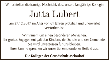 Traueranzeige von Jutta Lubert von WVG - Wochenspiegel Dessau / Köthen