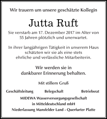 Traueranzeige von Jutta Ruft von WVG - Wochenspiegel Merseburg
