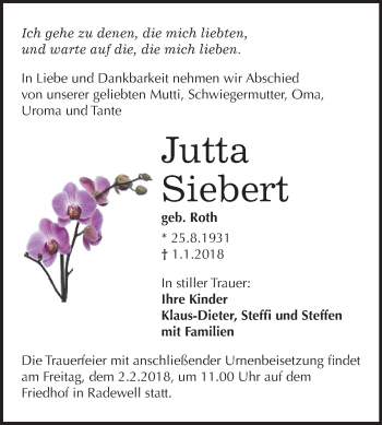 Traueranzeige von Jutta Siebert von Mitteldeutsche Zeitung Halle/Saalkreis