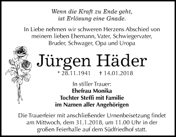 Traueranzeige von Jürgen Häder von Mitteldeutsche Zeitung Halle/Saalkreis