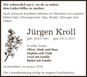 Traueranzeige von Jürgen Kroll von Super Sonntag Aschersleben