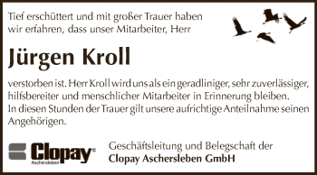 Traueranzeige von Jürgen Kroll von Super Sonntag Aschersleben