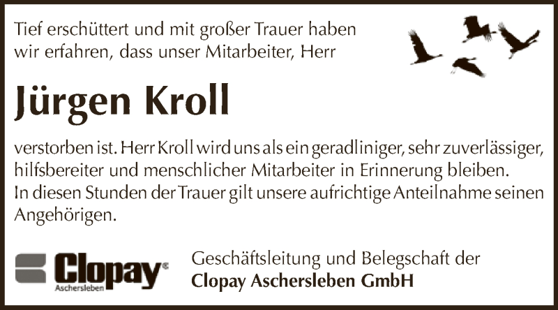  Traueranzeige für Jürgen Kroll vom 13.01.2018 aus Super Sonntag Aschersleben