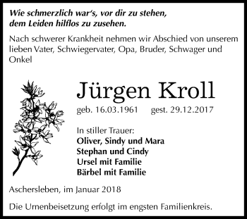 Traueranzeige von Jürgen Kroll von Mitteldeutsche Zeitung Aschersleben