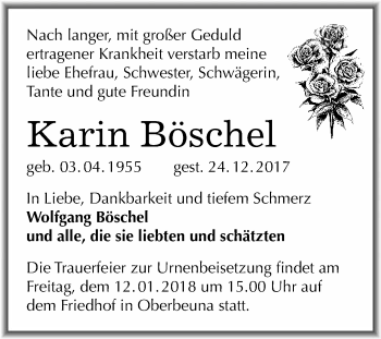 Traueranzeige von Karin Böschel von WVG - Wochenspiegel Merseburg